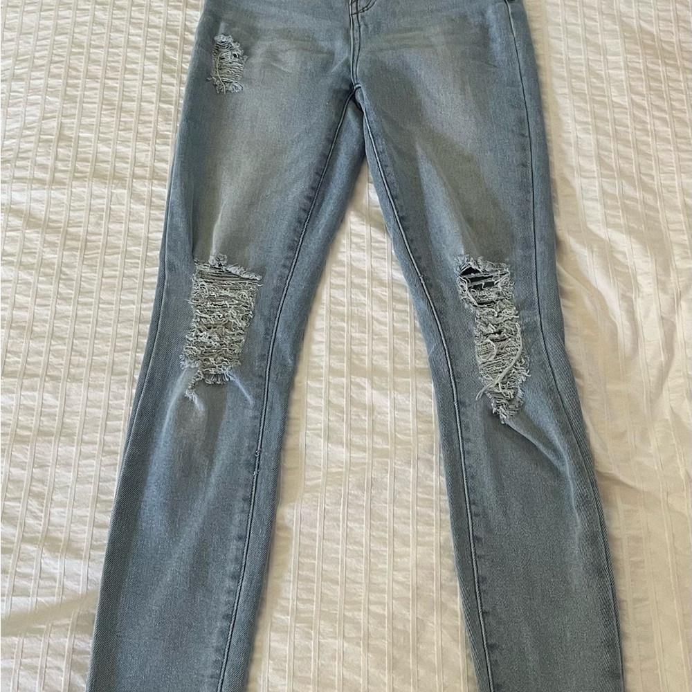 Celebrity Pink Blue Skinny Jeans with Distressed Knees